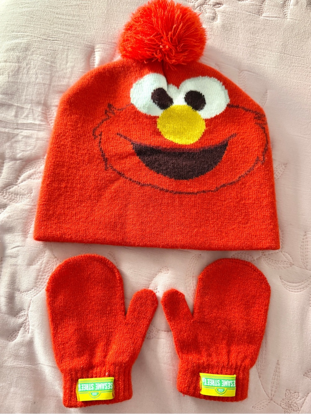 Sesame Street Elmo Kids Winter Beanie Hat and Mittens Set Red Orange Toddler